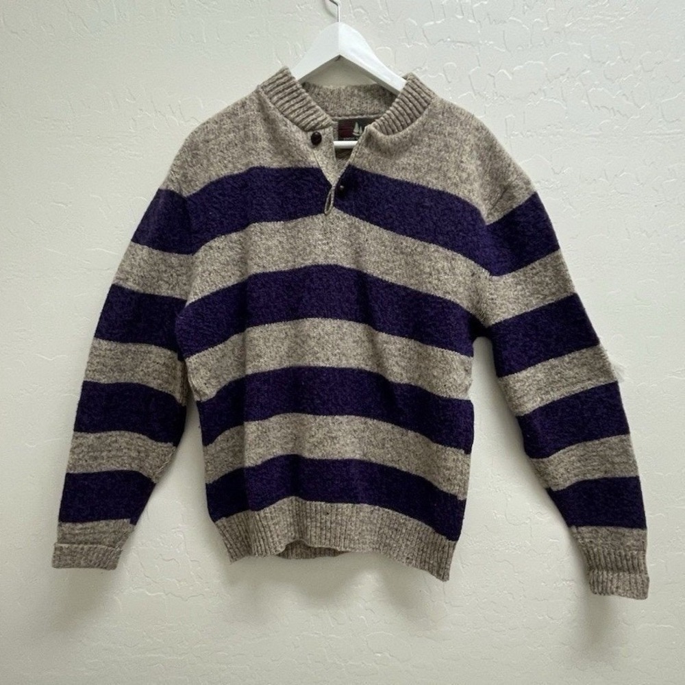 High Sierra Vintage Mens XL Wool Blend Striped Henley Sweater Purple Oatmeal USA